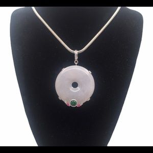 White jade donut pendant w/ruby accents +925 chain